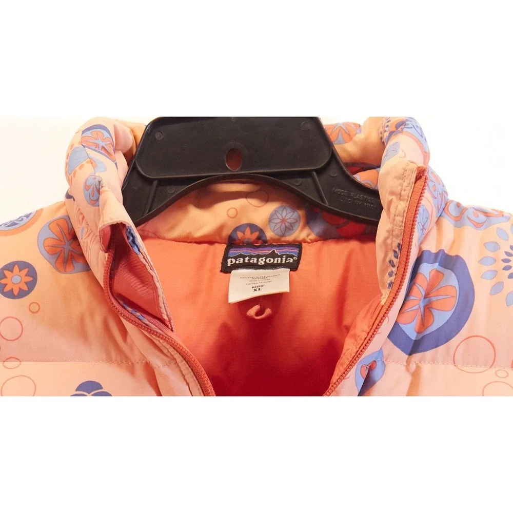 Patagonia Vest Girls XL Goose Down Puffer Flowers Print Orange‎ Floral Full Zip